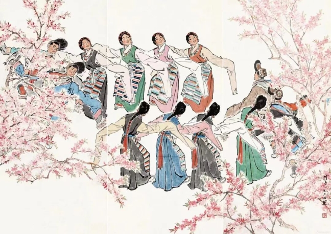 葉淺予高原之春紙本設(shè)色211cm×98cm、211cm×105cm、211cm×98cm1964年